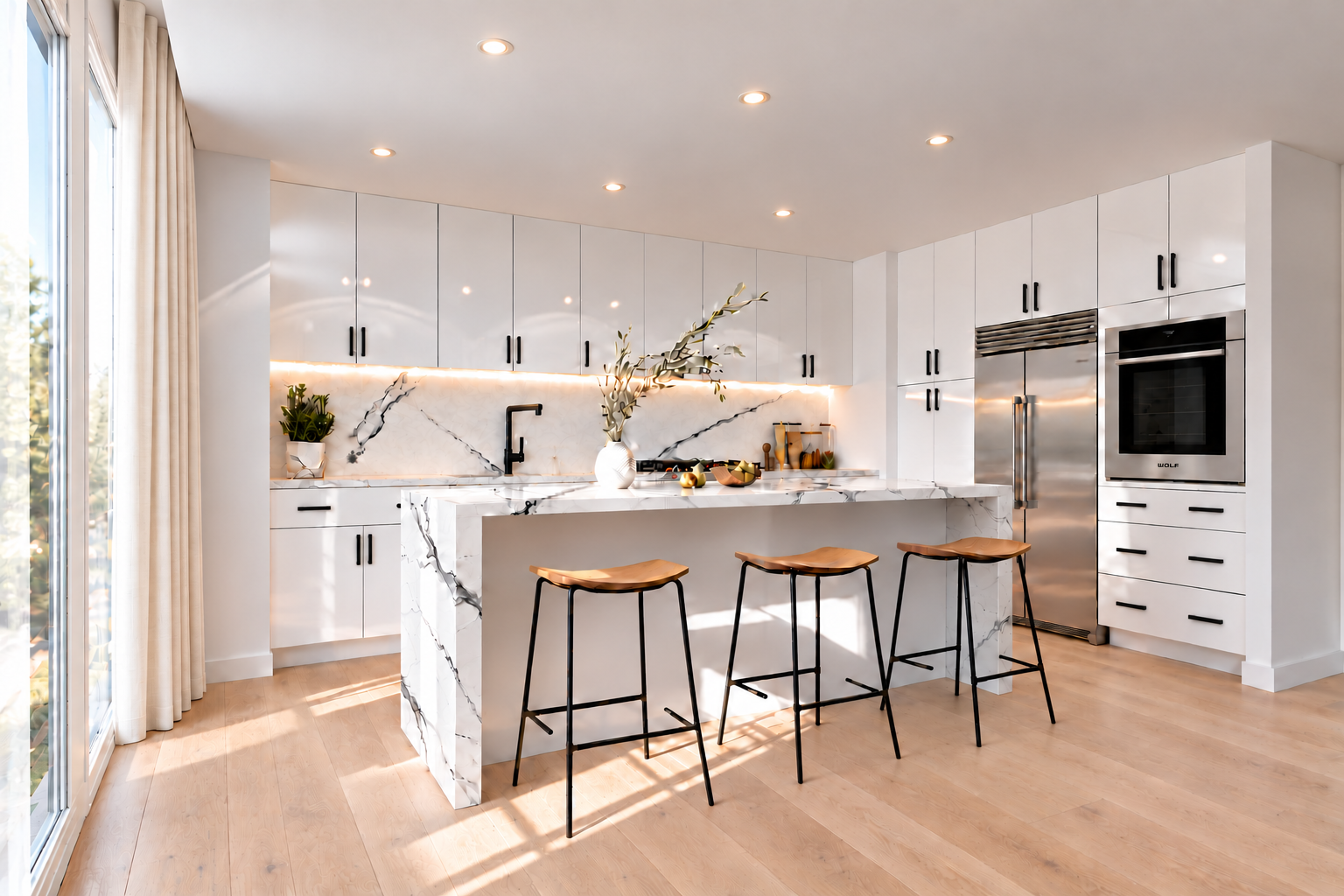 Kitchen design inspiration: white cabinetry, a white waterfall island and backsplash with black veining, stainless appliances, slim matte-black cabinet bar pulls, black fixtures, three oak stools, white oak flooring, clear windows with ivory drapery and aligned recessed lights